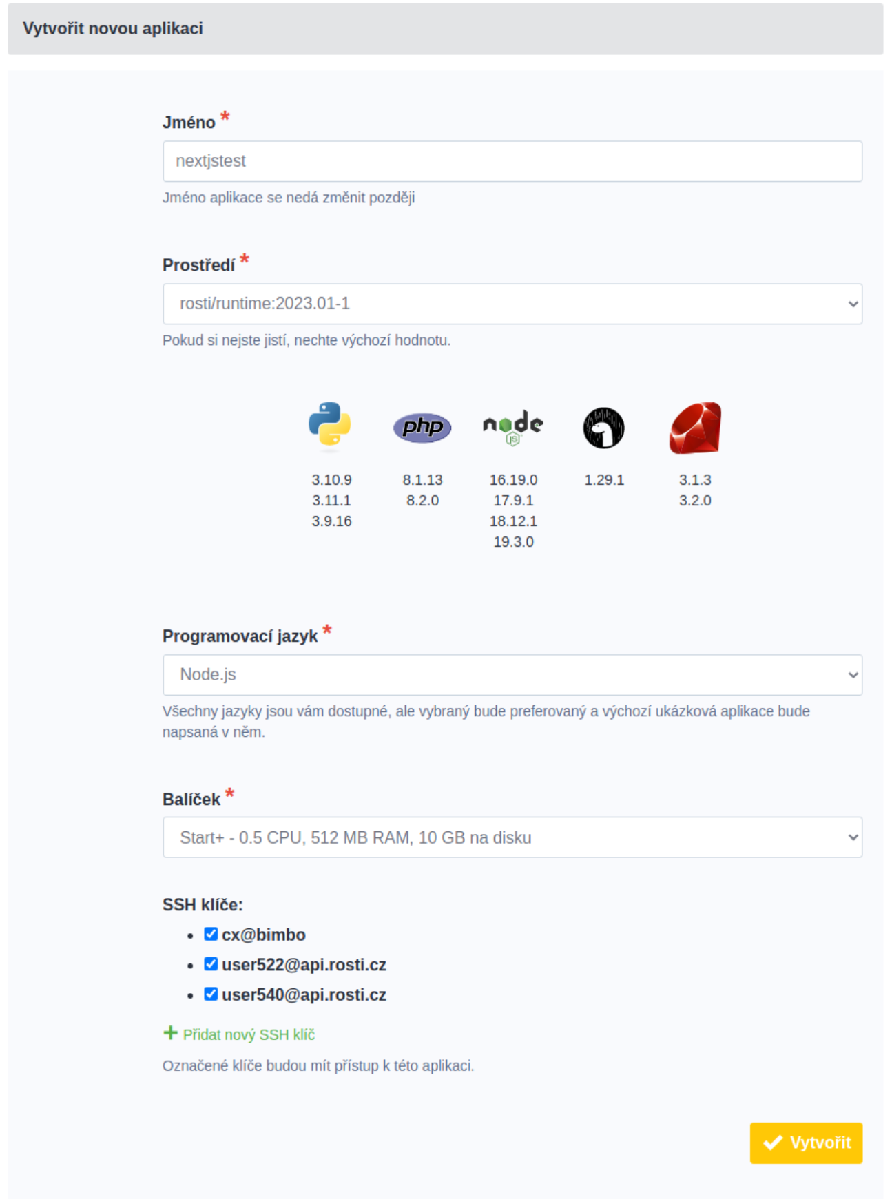 Vytvoření Node.js aplikace v administraci